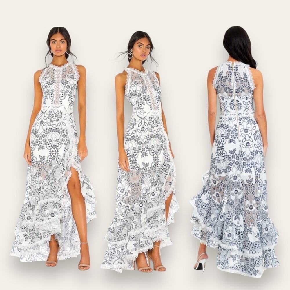Bronx and Banco Santorini Maxi High Low Dress White Blue Extra Small 2 Women’s
